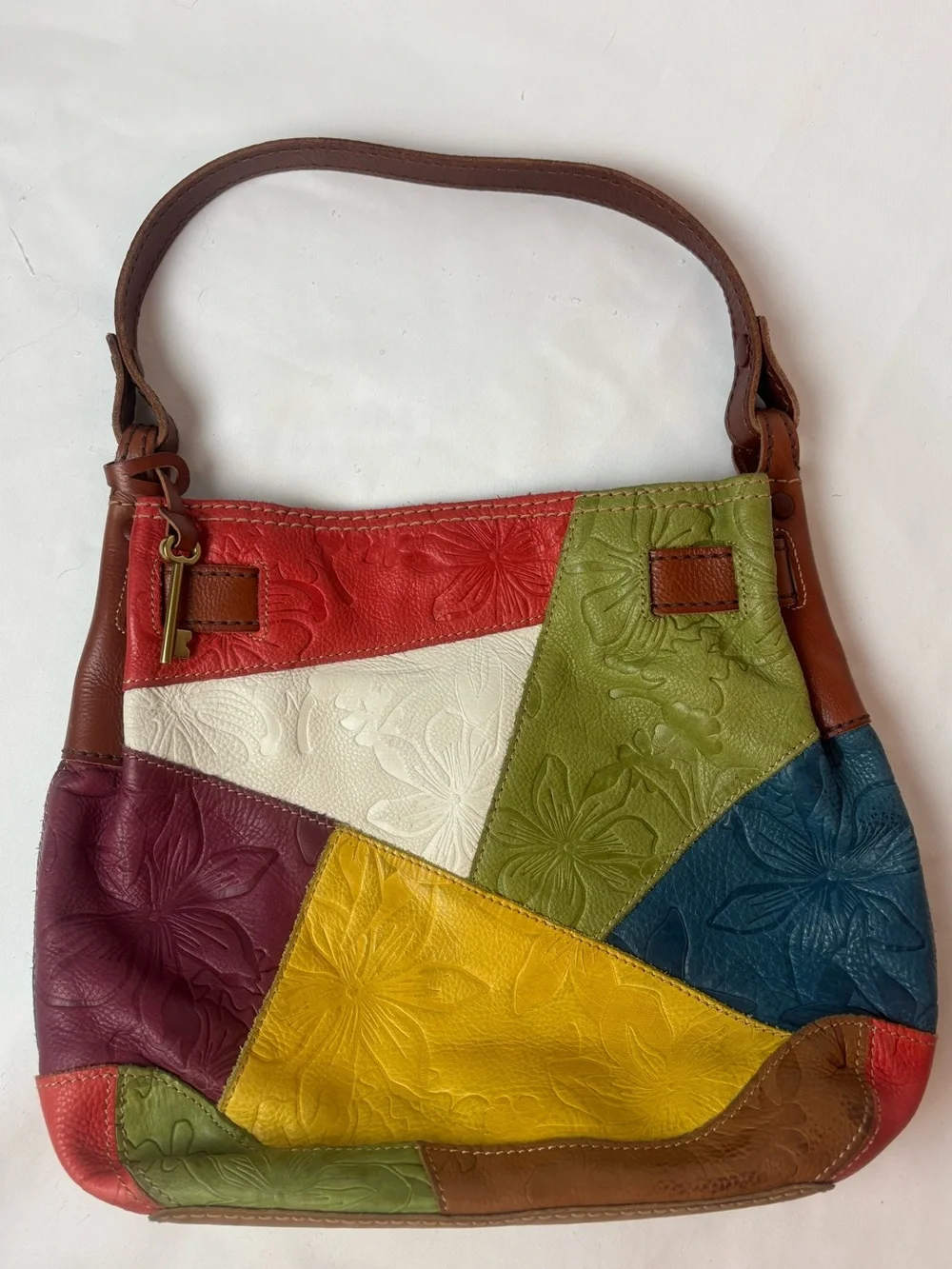 Fossil Tooled Leather Patchwork Shoulder Hobo Bag Multicolor Boho Hippie